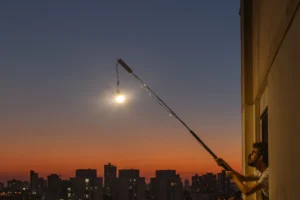 Fotografía de una mujer extendiendo una caña con luz sobre la ciudad al atardecer, simbolizando creatividad a contracorriente en branding
